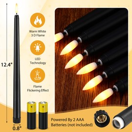 Baquler 12 Pcs Black Flameless Taper Candles 12.4 Inch, Battery Operated Taper Candles LED Warm 3D Wick Flickering Candlesticks for Church Wedding Home Decor Halloween Christmas Hanukkah New Year
