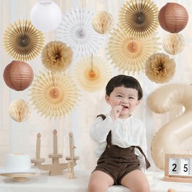 Party Decoration Beige Brown Baby Shower Decoration Neutral Birthday Decoration Brown Paper Fan Decoration Pompoms Beige Paper Lanterns for Boho Decoration Wedding Birthday Paper Bridal Shower Party