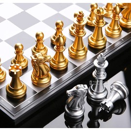 Foldable Magnetic Chess Set with Deluxe Gold and Silver Magnet Chess Pieces, 32cm x 32cm Large Folding Chessboard Checkers International Chess