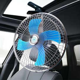 Hirritale 12V Clip On Fan for Car RV Camping，10 Inch Quiet Oscillating Airflow with Durable Metal, Portable Desk Fan for Truck Tent Office (Blue)