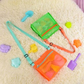 MUYIZI Beach Shell Bag for Collecting Shells - Mesh Bag for Kids (Orange+Green)