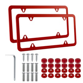 Alpmosn 2PCS Stainless Steel License Plate Frames, 4 Holes Car Licence Plate Covers with Screws Washers and Caps, Car Exterior Accessories, License Plate Holder for US Vehicles (Red)