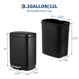 GAOMON Bathroom Trash Can with Lid, Stainless Steel Kitchen Trash Can with 12 Liter, Soft Close Step-On Pedal, Fingerprint-Resistant Finish for Kitchen or Bathroom, Black
