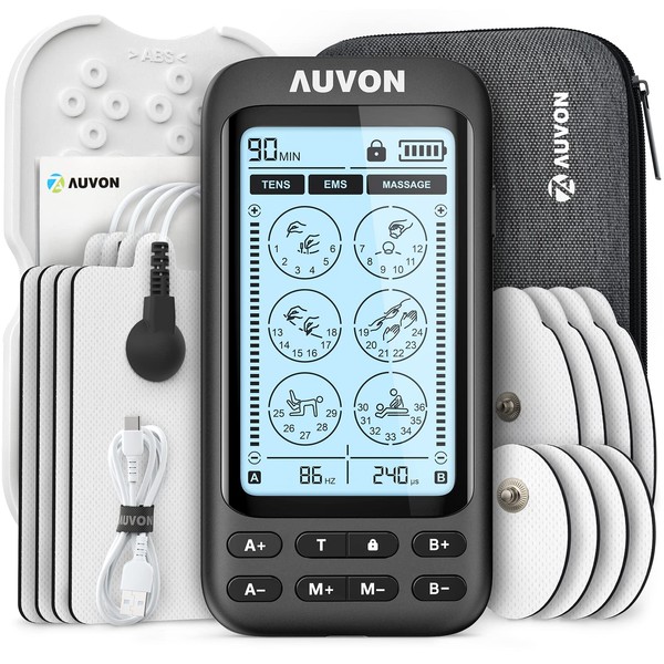 AUVON 3-in-1 36 Modes TENS Unit Muscle Stimulator for Pain Relief, Rechargeable EMS Machine with 40h Battery Life, TENS Machine with 12 Snap Electrode Pads and 1 Professional EVA TENS Travel Case