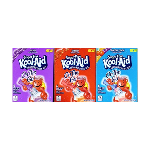 Kool-Aid On The Go 1 GRAPE 1 Tropical Punch 1 CHERRY (3 Boxes Total) (1 Box of Each Flavor, 6 Packets Per Box)