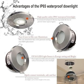 Sweier 4XSweier IP65 Waterproof Recessed Downlight with GU10 Base for Bathroom and Kitchen Ceiling Spotlights (Bulb not Included), Satin Nickel, Cut-Out 68mm