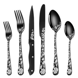 24-Piece Black Silverware Set with Steak Knife, Black Flatware Sets for 4, Stainless Steel Cutlery Set Includes Forks Knives Spoons,Unique Pattern Design，Mirror Polished and Dishwasher Safe