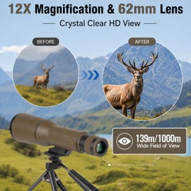 Monocular Telescope 12X62 HD High Power with Tripod Suitable for Bird Watching Hunting Hiking Camping Wildlife (Army Green)