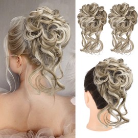 HOOJIH 2PCS Messy Bun Hair Piece, Tousled Updo with Tendrils Hair Bun Extensions Wavy Curly Hair Wrap Ponytail Hairpieces for Women HB010 Dasiy - Hazelnut Blonde with Platinum Blonde Highlights