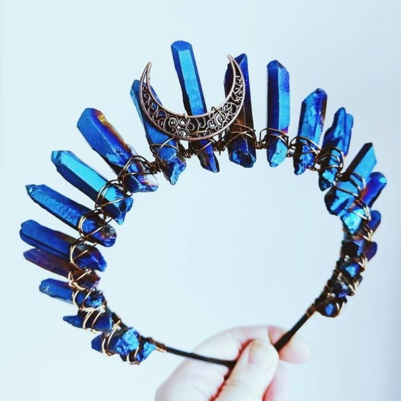 Women's Raw Crystal Crown Headband Boho Quartz Moon Goddess Headpiece
