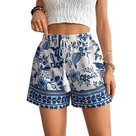 WDIRARA Women's Loose Boho Casual Summer Shorts Floral Print Elastic High Waist Knot Comfy Wide Leg Shorts Blue and White M