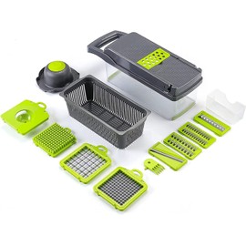 Vegetable Chopper, Onion Chopper, Potato Grater - 12 in 1 Multi-Functional Mandoline Slicer, Veggie Fruit Dicer Cutter with Colander Basket and Container - Grey