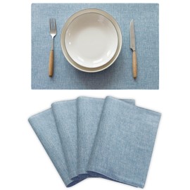 Demetex Reversible Placemat, Made of Fabric, Cotton, Linen, Stylish, Nordic Goods, Lunch Mat, Party, Luxury, Placemat, Plain, Tableware, Gift, Present, Set of 4, Blue