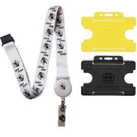 Bee Kind Neck Lanyard with Integrated Badge Reel, Safety Breakaway & Horizontal Double ID Card Holder (Black Card Holder)