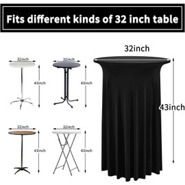 REWOMC 8 Packs Round Cocktail Table Skirt 32"x 43" Spandex Stretch Cocktail Tablecloth with Wavy Drapes, Black Spandex Fitted High Top Table Covers for Wedding Bar Party Birthday Banquet Table