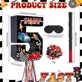 Harrycle Race Car Number Piñata Pull String Fast Piñata Small Racing Theme Piñata with Blindfold Stick Confetti for Boys Birthday Decorations Party Supplies(Number 5)