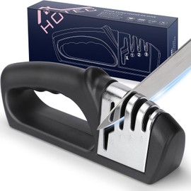 HOTEC Afilador de cuchillos 4 en 1, sacapuntas manuales de 3 etapas para afilar cuchillos de cocina, 1 etapa para tijeras, piedra de cerámica, placas de carburo de tungsteno, varillas de diamante