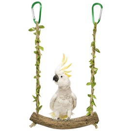 JOWILIN Wood Birds Cage Swing, Bird Perch Stand with Metal Hooks, Parrot Rope Swing Hanging Toy, Bird Chewing Toy, Training Stand Holder for Budgie Conure Finches, Cockatiel, Lovebird