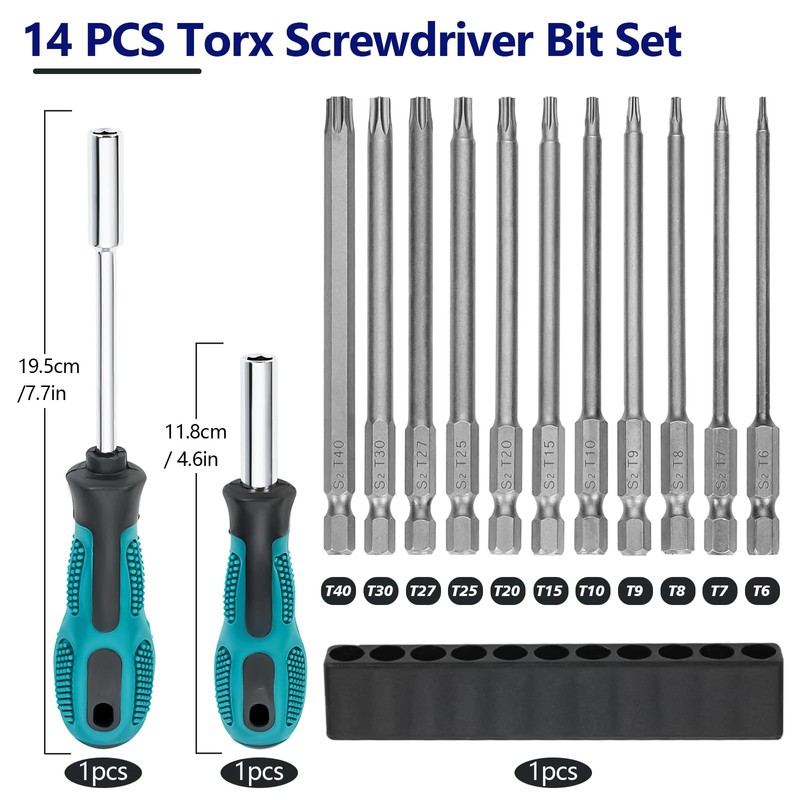 Prebarfun 14pcs Torx Screwdriver Bit Sets, 100mm Torx Head Screwdriver