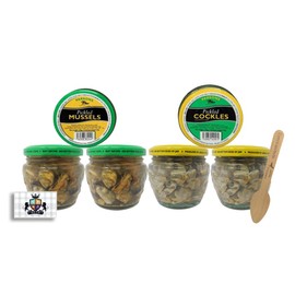AETN Creations Parsons Pickled Cockles 3x155g and Mussels 3x155g with AETN Wooden Spoon: Vegan, Nutritious, Ready to Eat Delicacy Pack