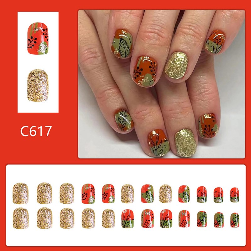 Thanksgiving Press on Square Nails Short Length Glossy Full Cover