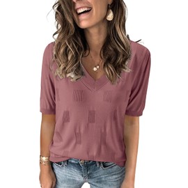 Arach&Cloz Women's Summer Fall Tops 2025 Short Sleeve Plus Size Sweaters V Neck Trendy Fashion Knit Clothes Dressy Cute Casual Outfits Business Work Blouse Dusty Rose M