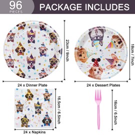 96 Pcs Dog Birthday Party Plates Napkins Forks Supplies Tableware Set Disposable Paper Dog Theme Decoration for Kids Birthday Party, Serves 24 Guests