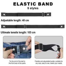 Duoleimi Pack of 5 belts without buckle, invisible elastic belt without holes for men and women, black, white, blue, etc., adjustable from 45 cm - 105 cm, rubber belt for women and children., Black,