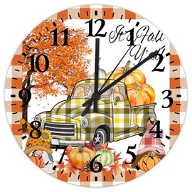 Wodevor 10 Inch It's Fall Yall Orange and White Buffalo Check Plaid Clocks Quality Quartz Non Ticking Fall Pumpkin Gnomes Indoor Wall Clocks Arabic Numbers Round Clock