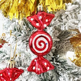 6 PCS Christmas Candy Ornaments 10CM Sweet Shaped Baubles Glitter Candy Cane Hanging Ornaments Plastic Christmas Peppermint Candy Ornaments Christmas Tree Decoration, Red
