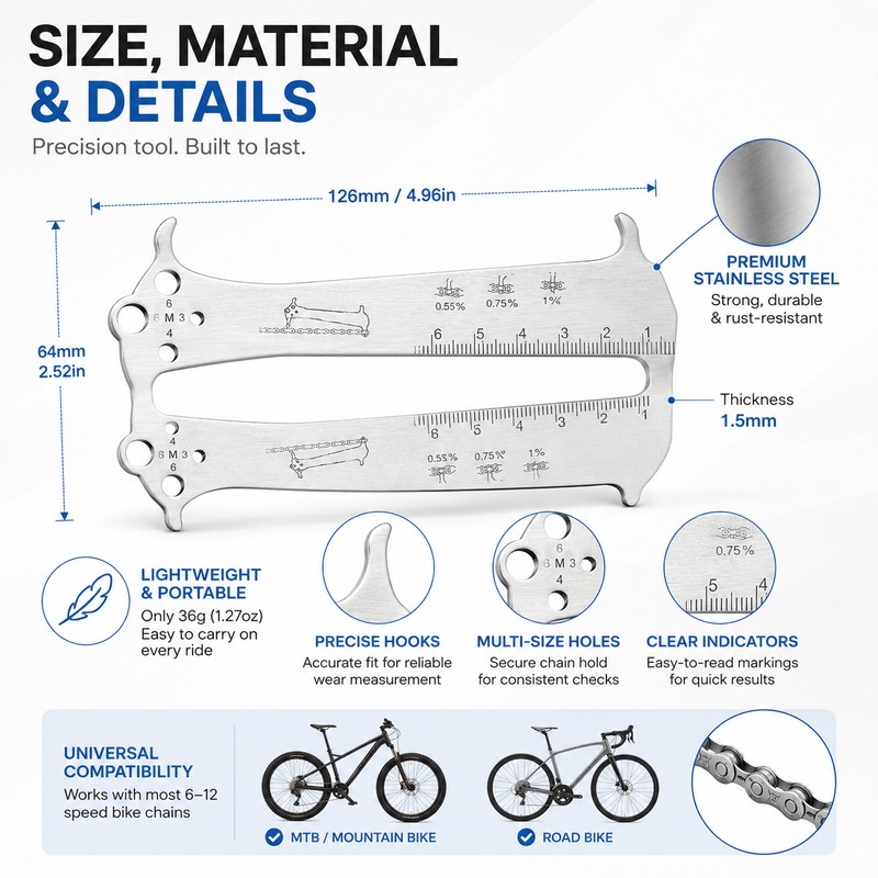 Bike Chain Wear Indicator Tool for Maintenance – Stainless Steel