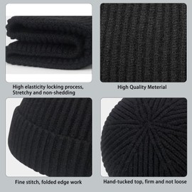 Winter Beanie Hat, Roll up Edge Skullcap Fisherman Beanie, Unisex Soft & Stretchable Cuffed Plain Knit Hipster Docker Winter Hat (Black)