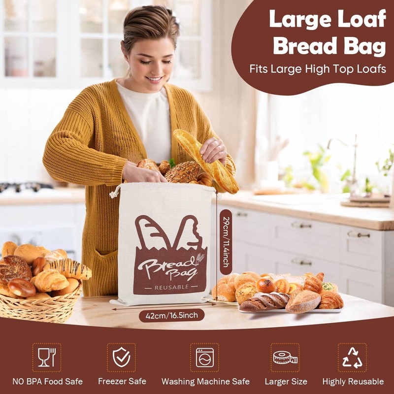 Bread Bags, 2 Pack Bread Bags Reusable Linen with Plastic