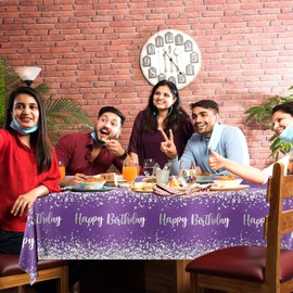 Bezkega Purple and Silver Birthday Party Supplies,3pcs Purple Glitter Sliver Birthday Party Tablecloth Waterproof Purple Theme Table Cover for Girl Women Birthday Supplies