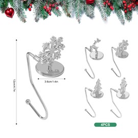 4Pcs Christmas Stocking Holder for Fireplace-4 Styles for Christmas Party Decoration with Snowflake Reindeer Snowman Christmas Tree for Hanging Daily Use Christmas Party Decor Stocking Hook (Sliver)