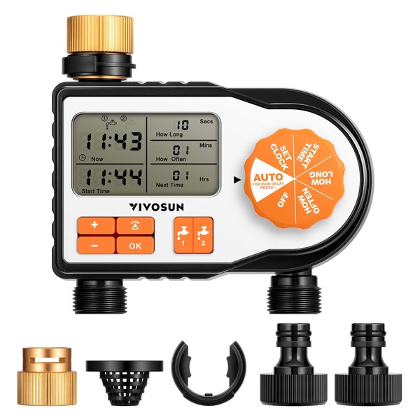 VIVOSUN Sprinkler Timer, Digital Programmable Watering Timer/Hose Timer with 2 Independent Outlets for Outdoor Faucets, Drip Irrigation, and Lawn Care