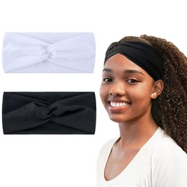Hjiaruiky 2Pcs Turban Headbands for Women Boho Stretchy Fashion Headbands Fabric Twist Knotted Cloth Cute Thick Headband Head Wraps for Womens Girls White