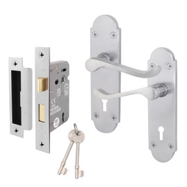 EAI Satin Door Handle Key Lock Set - Victorian Scroll Shaped | 1 Pair of Internal Satin Chrome Lever Lock Handles on Backplate with Sash Lock (64mm) & Keys