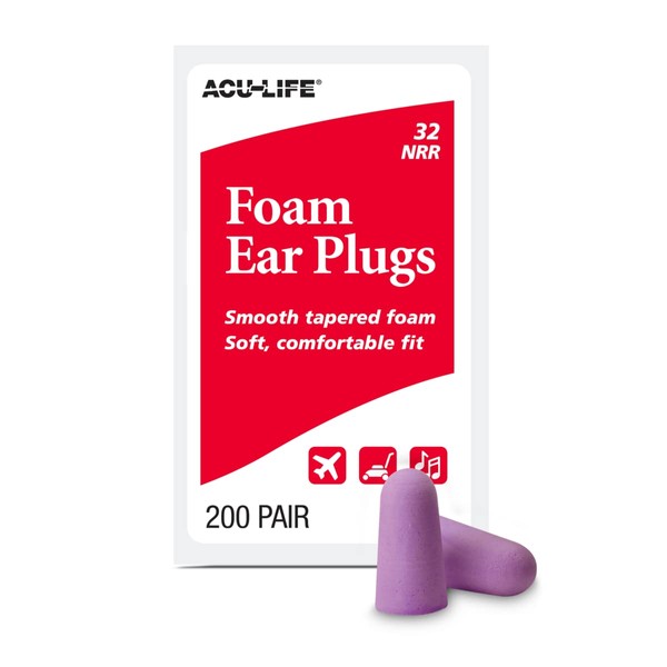 Acu-Life Foam Ear Plugs, 200 Pair for Sleeping, Snoring, Loud Noise, Traveling, Concerts, Construction, & Studying, NRR 32, Purple
