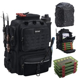 Goture Fishing Backpack with 4 Tackle Boxes,45L 600D Tackle Backpack with Rod Holders,8 Lure Pockets,Rain Cover,Large Fishing Bag Saltwater Gear Storage Bag for Camping Hiking