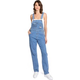 Lana Roux Womens Classic Stretchy Denim Workwear Straight-Leg Jean Overalls (Medium Denim, Small)