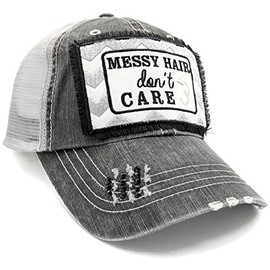 Loaded Lids Women's Bad Hair Day, Messy Hair Don't Care, Embroidered Patch Baseball Cap (DistressedGrey/Customized)
