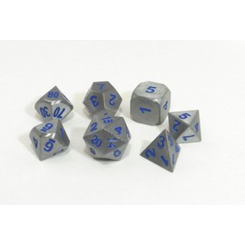 Metal Dice Polyhedral Set of 7 Cursed Silver Blue Druid Forge D&D RPG Brushed Silver with Royal Blue Numbers
