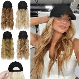 Qlenkay Baseball Hat Wig 24in Long Curly Wavy Extensions Synthetic Hairpiece Adjustable Cap Attached 2B Wave Hair for Women Ash Blonde Mix Ginger Brown