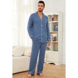 U2SKIIN Men's Long Stretch Pyjamas with Button Placket Pyjamas Set Pyjamas Long Sleeve Sleepwear Loungewear, Dark Navy Mel., L