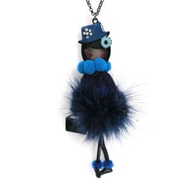 LOLILOTA NECKLACE PENDANT French Jewel Designer Enamel Doll Necklace Blue / fur
