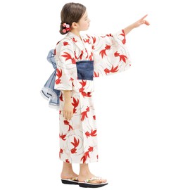 Bee say00004 Yukata 3-Piece Set, Girls, Kids, Summer, Striped, Lattice, Goldfish, Shirring, Easy Fireworks Display, Festival, White × Goldfish