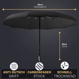 WALKINGLINE The Original! German Brand - Umbrella Storm Proof with Ergonomic Handle - Umbrella for Children and Adults - Umbrella Small - Pocket Umbrella Black Open-Close Automatic, black