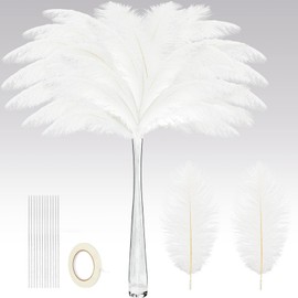 Juexica 80 Set Natural Ostrich Feathers Bulk with Iron Wire for Centerpieces Boho Large 10 to 12 Inch Feathers for Vase Wedding Party Floral Arrangement Home Decorations (White)