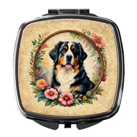 Caroline's Treasures Bernese Mountain Dog and Flowers Compact Mirror Decorative Travel Makeup Mirror for Women Girls Gifts Pocket Makeup Mirror Folding Handheld